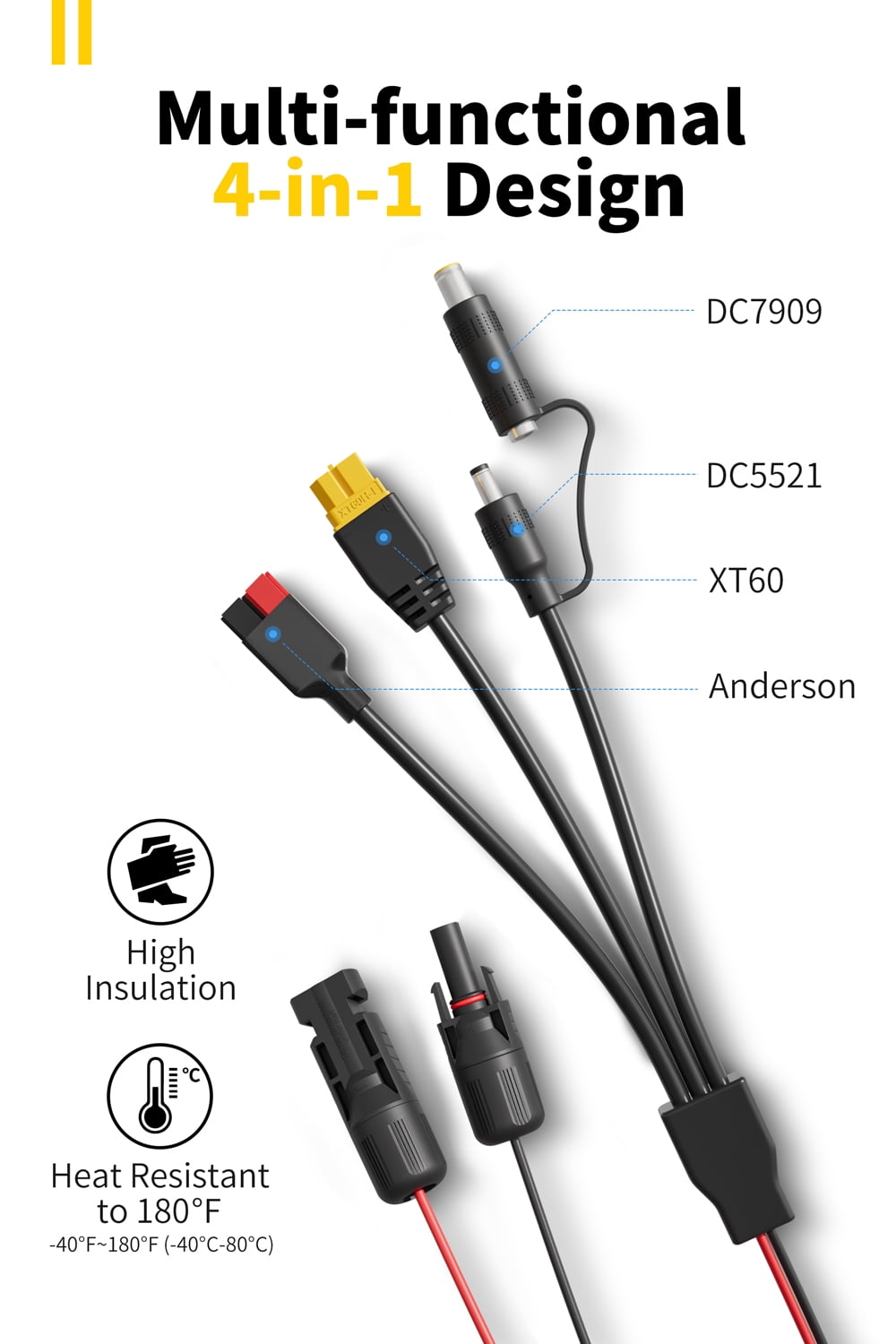 Enernova 25Ft Solar Charge Cable 4-in-1 Solar Connector to XT60, Anderson, DC5521, DC7909 Adapter Connector Connect Solar Panel for Portable Power Station Solar Generator