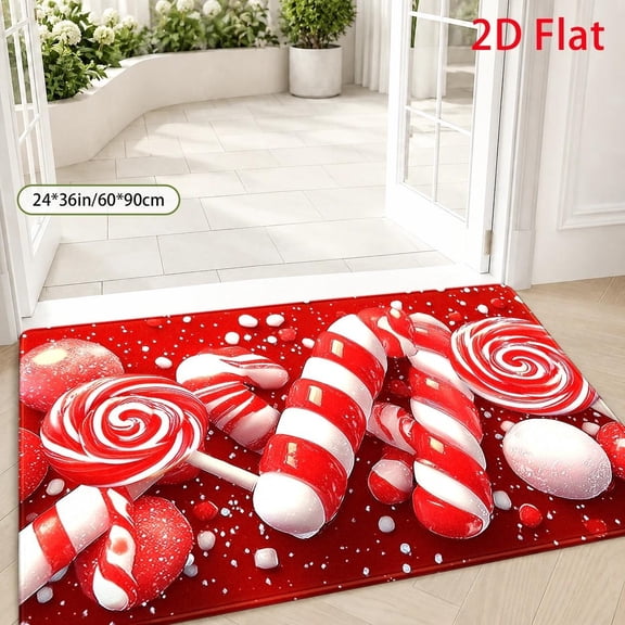 Christmas Candy Cane Pattern Floor Rug, Festive Red White Swirl Design, Easy-to-Clean