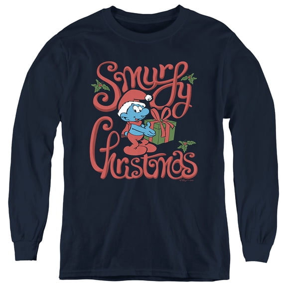 Smurfs Smurfy Christmas Gift Youth Long Sleeve T Shirt, Navy, Small