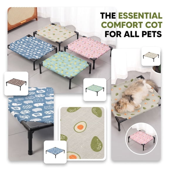 Cute Elevated Cat Bed Raised Pet Cot with Fun Print, Cooling Breathable Mesh for Cats Kittens Small Dogs, Avocado Cartoon Pattern Kitten Puppy Bed Indoor Outdoor