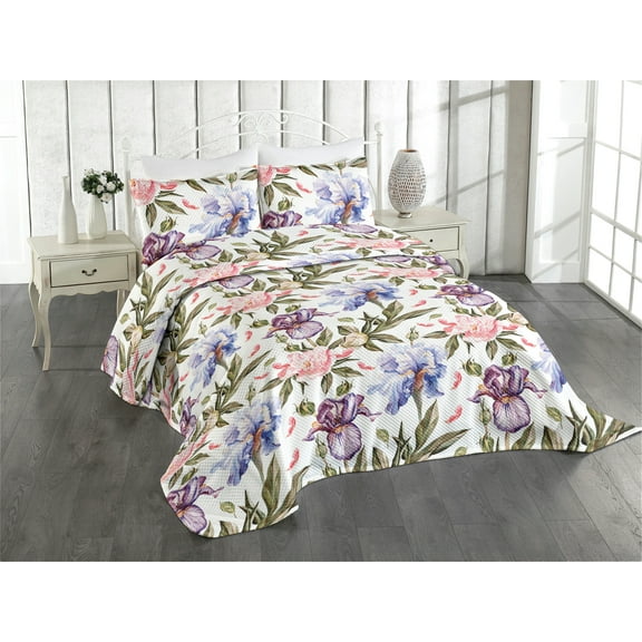 Ambesonne Floral Quilted Coverlet 3 Pcs, Pattern of Iris Flowers Art, King Size, Sage Green and Multicolor