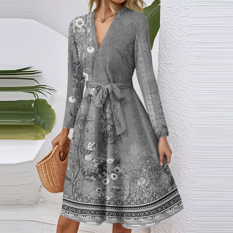 Xyxonk Business Dresses for Women Long Sleeve Trendy Teacher Dress Fall  V-Neck Dress Tie Waist Business A-Line Floral Print Dresses Gray S -  Walmart.com