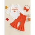 thumbnail image 2 of Suealasg 3Pcs Baby Girl Fall Winter Outfits Set Long Sleeve Letter Pumpkin Print Romper + Flare Pants + Headband Set 3 6 12 18 Months Infant Girl Halloween Clothes, 2 of 8