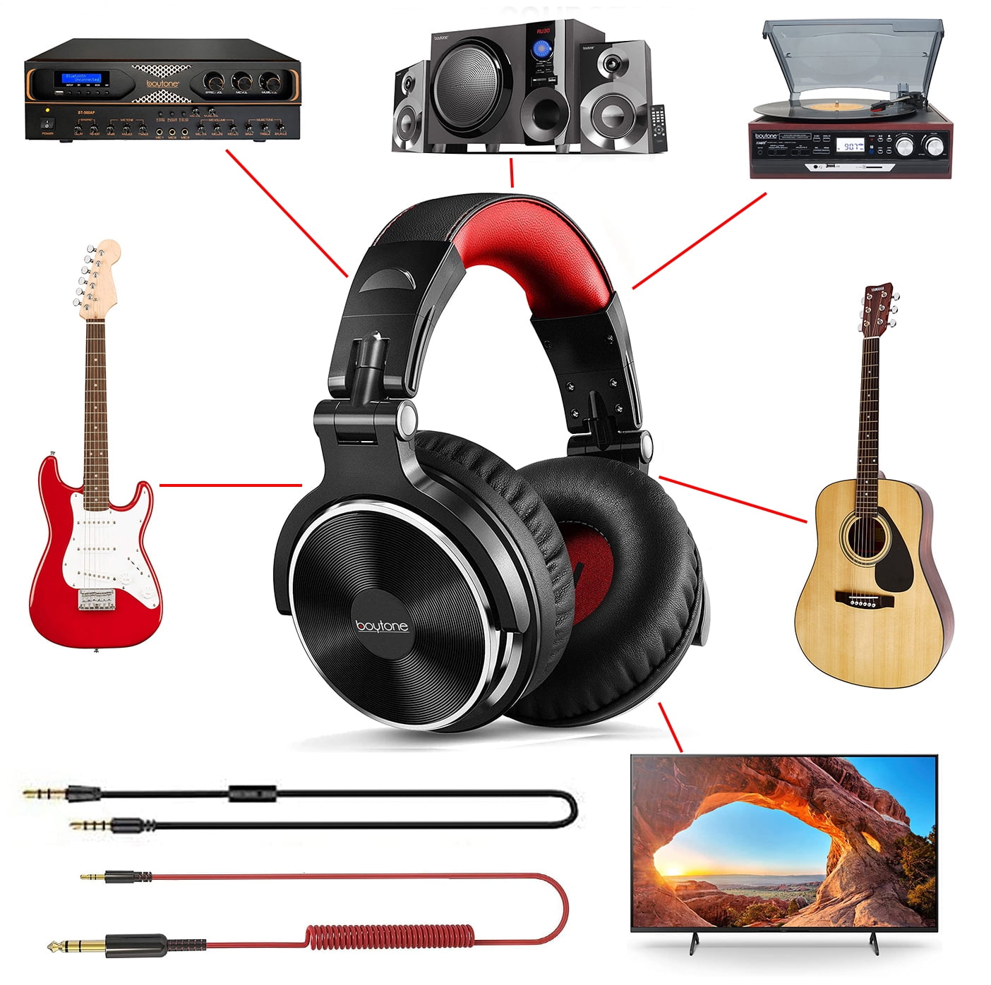 Boytone BT-10RD Wired Over Ear Headphones Studio Monitor & Mixing DJ Stereo Headsets with 50mm Drivers and 1/4 to 3.5mm Audio Jack for Audio Mixer Computer, Phone, Guitar, Laptop, Amplifire, TV