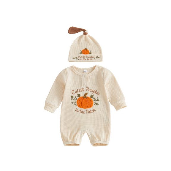 RUINIXCW Newborn Baby Girl Boy My First Halloween Outfit Waffled Romper Infant Fall Clothes Long Sleeve Pumpkin Embroidery Bodysuit Jumpsuit with Hat