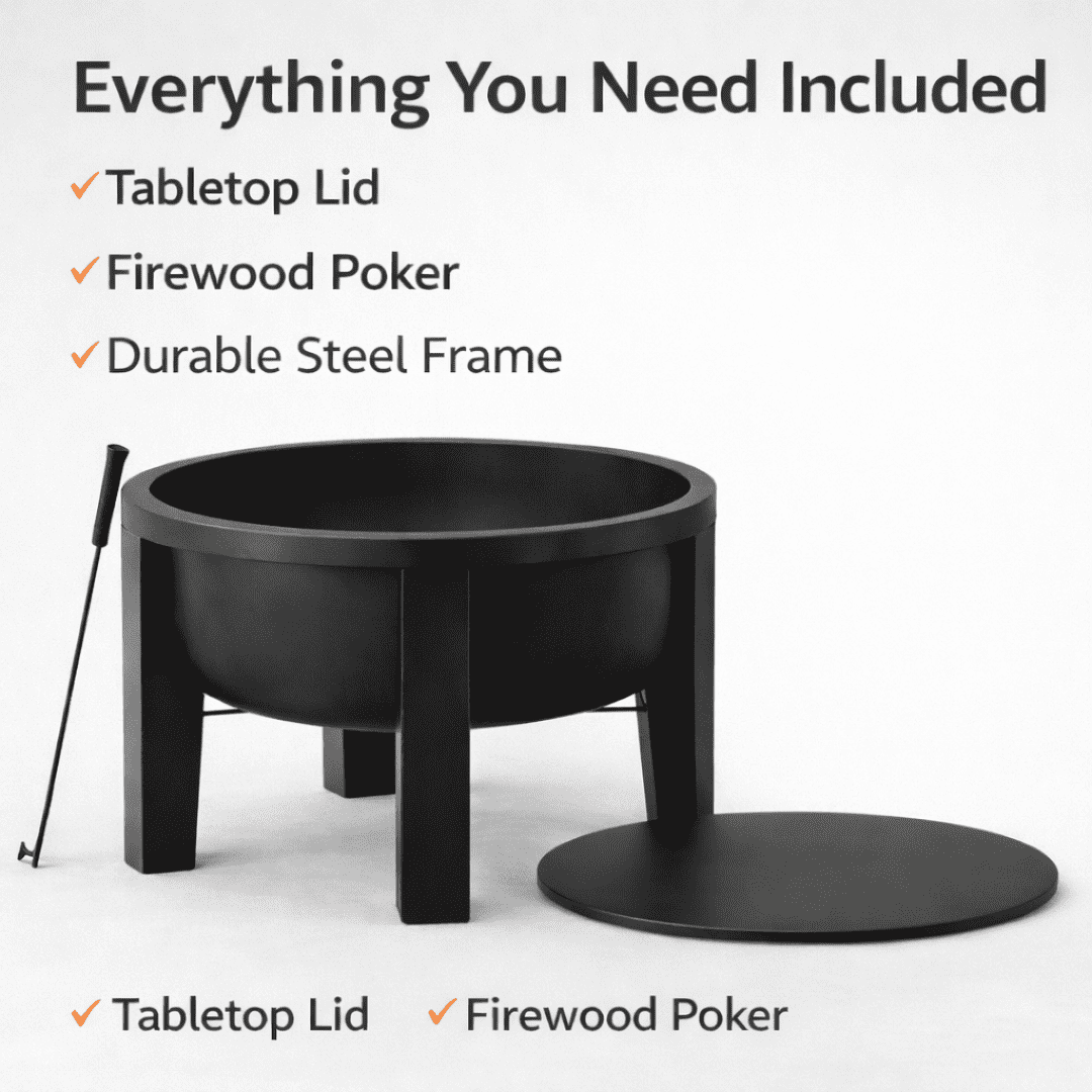 Fire Chief Wood Burning Fire Pit with Tabletop Lid – Modern Outdoor Metal Fire Pit for Patio & Backyard – Premium Heavy Duty Fire Pit Bowl with Multi-Use Side Table (Modern Bowl)