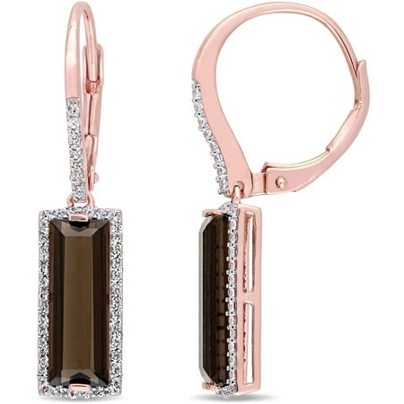 Tangelo 5-1/5 Carat T.G.W. Smokey Quartz and White Sapphire Rose Rhodium-Plated Sterling Silver Baguette Earrings