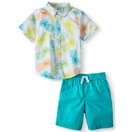 Wonder Nation Short Sleeve Button Down & Shorts, 2pc Outfit Set (Toddler Boys)