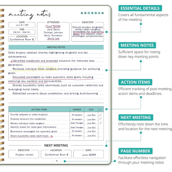 Meeting Notebook for Work Organization with Action Items and Meeting Minutes Planner