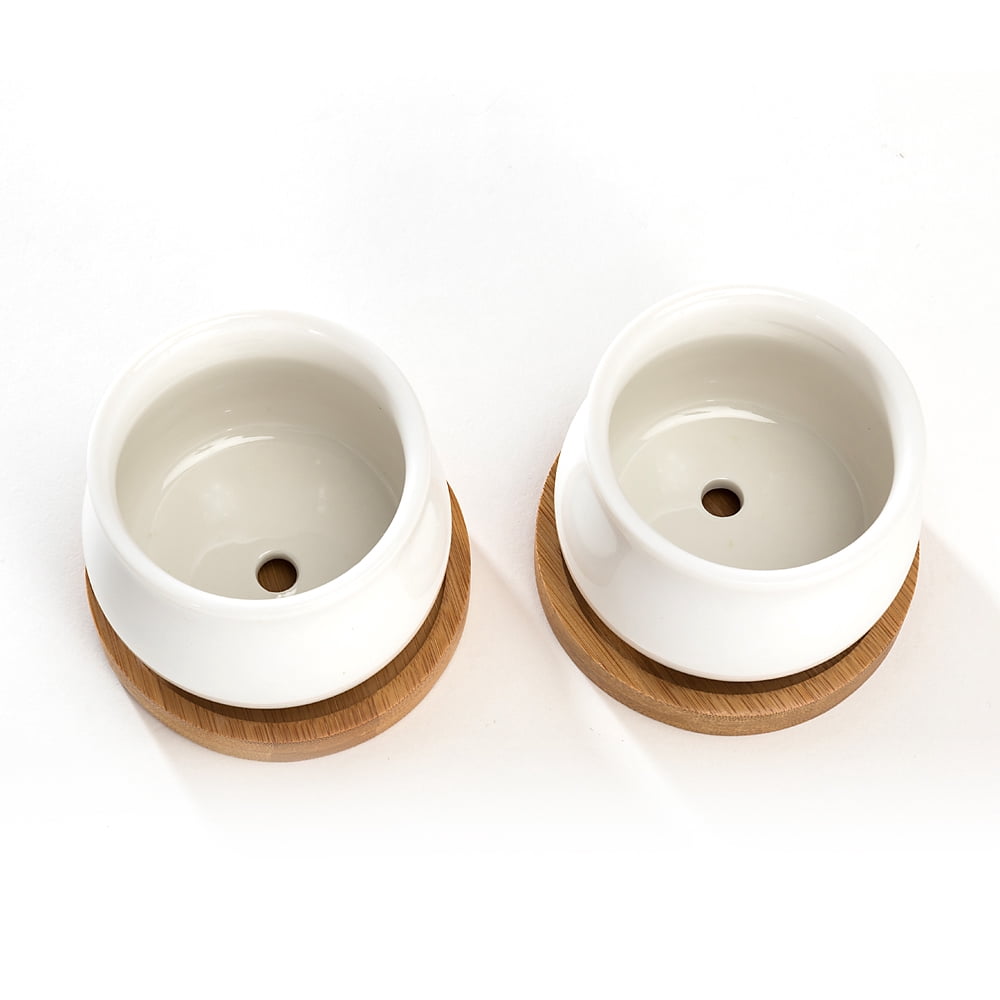 K-Cliffs White Jar Shape Design Ceramic Pots with Bamboo Tray, Set of Pot - 2.75L x 2.75W x 2H inches; Bamboo Saucer - 3.2L x 3.2W x 0.5H inches