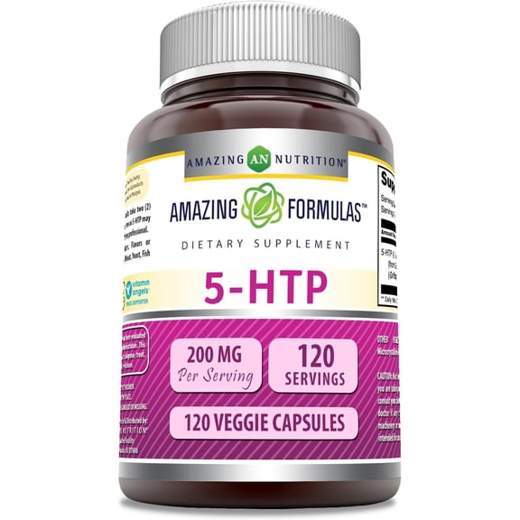 Amazing Formulas 5-HTP (Hydroxytryptophan) 200 Mg Per Serving 120 Veggie Capsules Supplement | Made from Griffonia Simplicifolia Seed Extract | Non-GMO | Gluten Free | Ideal for Vegetarians