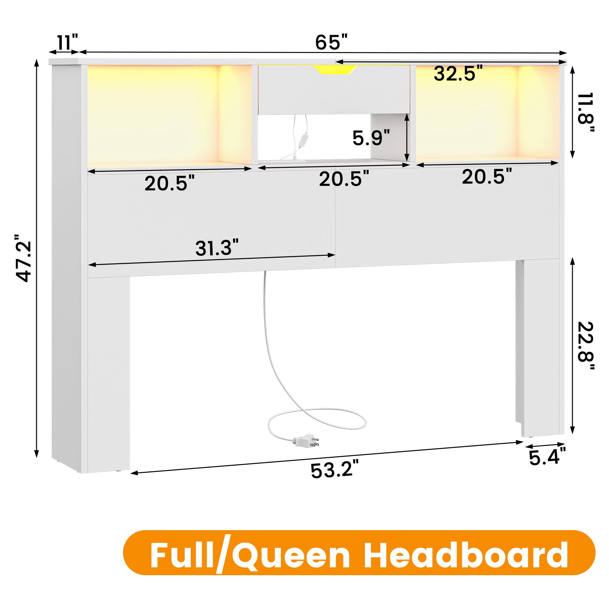 Wood Headboard for Full and Queen Bed, LED Headboard with Changing Station and Storage Cabinet for Bedroom, White (Not Include Bed）