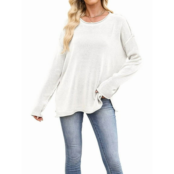 Oversized Sweaters for Women Casual Long Sleeve Crewneck Knit Cozy Pullover Sweater Jumper Top White L