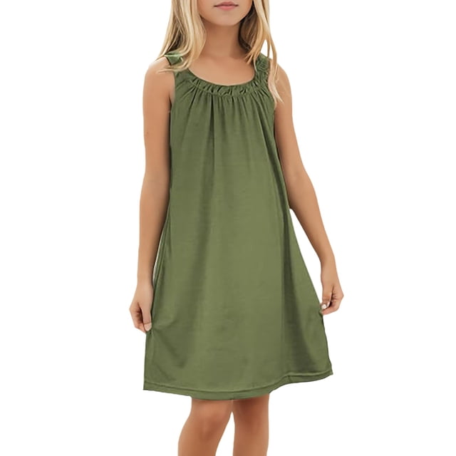 GPOECD Robes Filles Plage par-Dessus de Maillot d'Été Robe Débardeur Sans Manches pour Filles Tenue Décontractée Âge 4-14 Robes de Plage 04_vert Armée,150