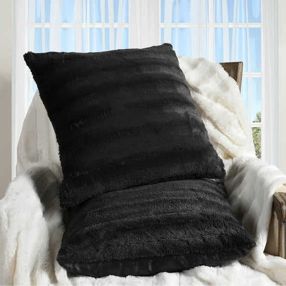 Cheer Collection Faux Fur Throw Pillows 16" x 16", Set of 2 - Black