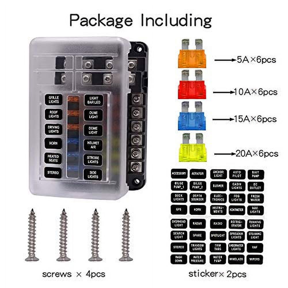 WUPP Boat Fuse Block, Waterproof Fuse Panel with LED Warning Indicator Damp-Proof  Cover 12 Circuits with Negative Bus Fuse Box Holder for Car Marine RV  Truck DC 12-24V, Fuses Included