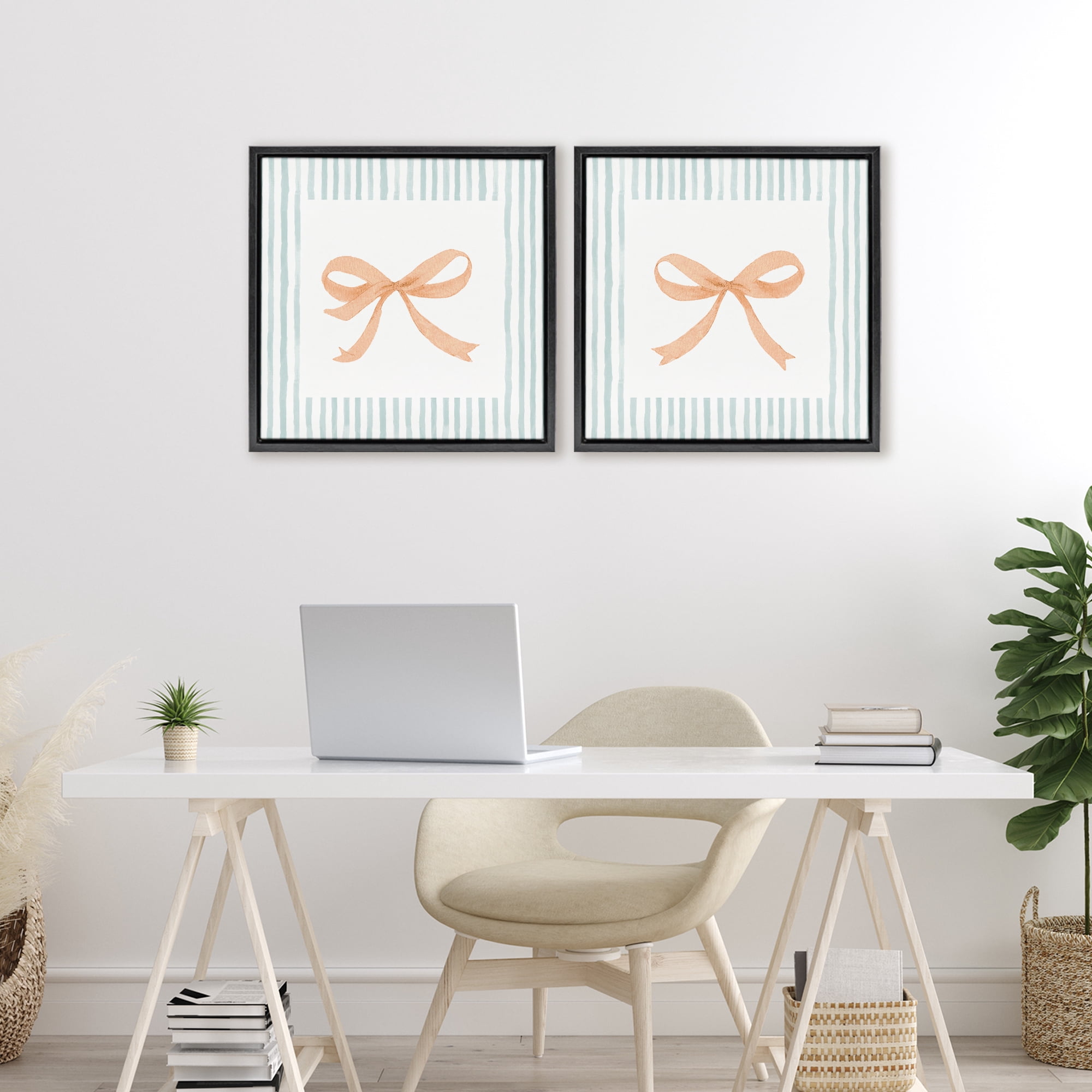 Stupell Industries Orange Bows and Blue Stripes 2 Piece Black Framed Floater Canvas Set, design by Patricia Pinto