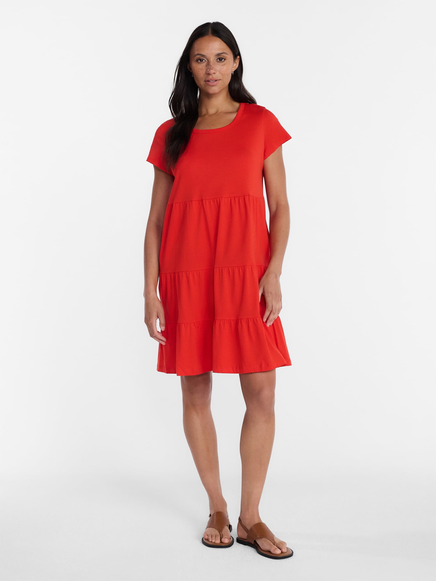 Time and Tru Women's Tiered Cotton Mini Dress with Short Sleeves, Sizes XS-XXXL