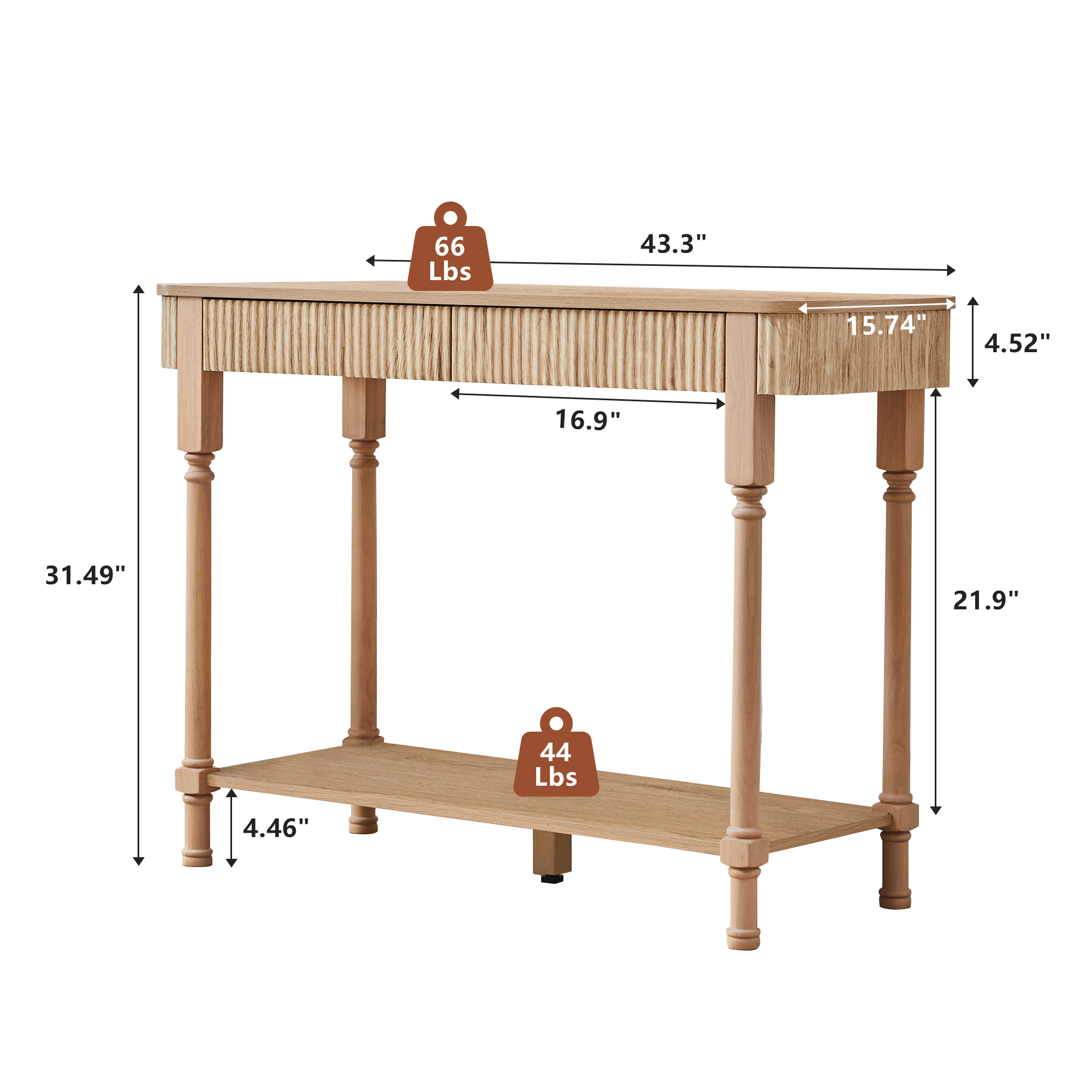 YOCWO Roman Column Console Table, Fluted Sofa Table with 2 Drawer and Open Shelf for Storage, Mid Century Modern Entryway Table for Living Room Hallway, Natural