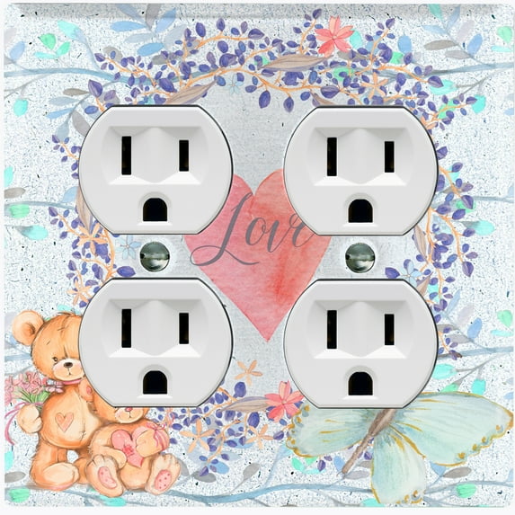 Metal Light Switch Wall Plate Outlet Cover (2 Teddy Bears With Love Heart Flower Balloon Flower Wreath Baby Blue - Double Duplex)