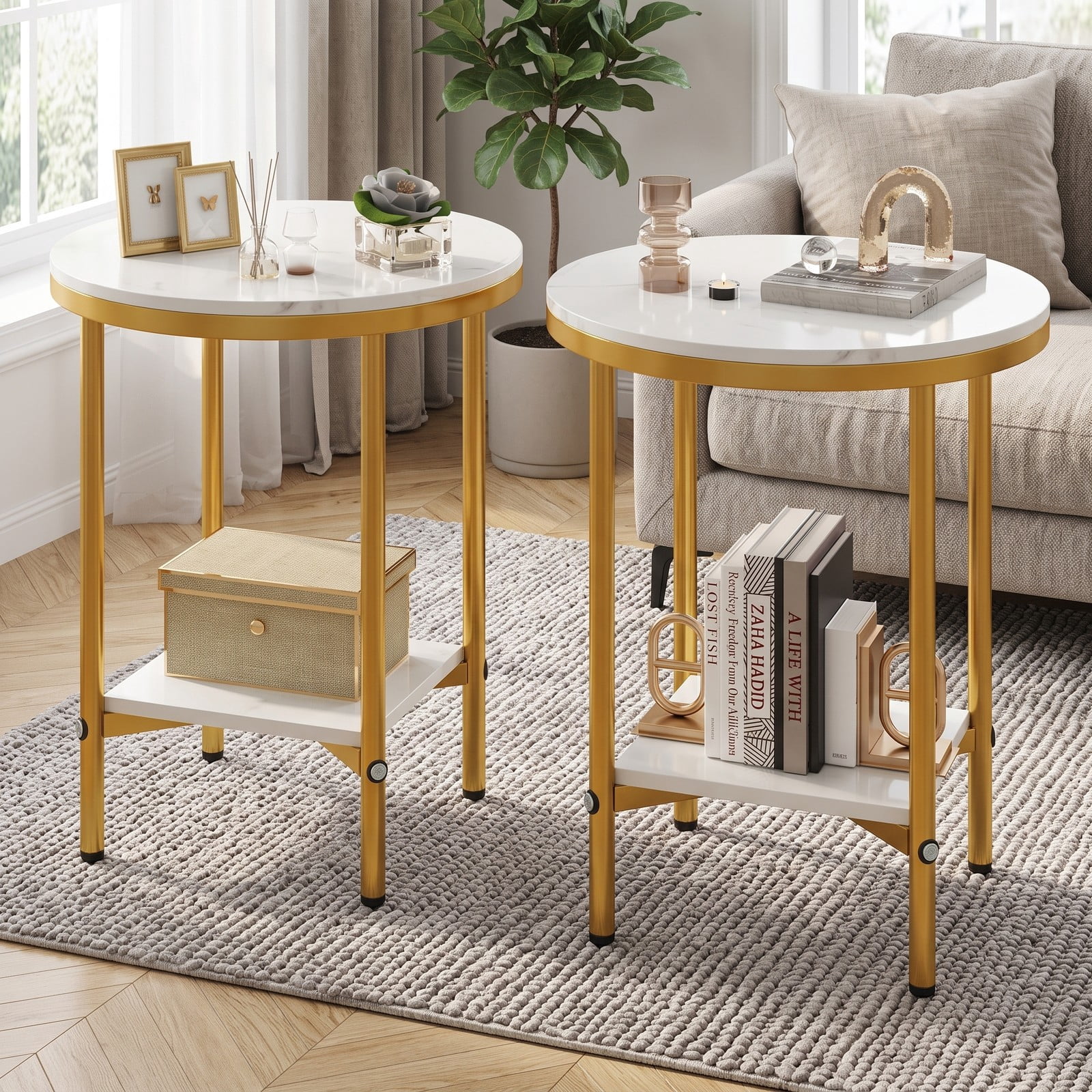 Furnibear 2-Tier Round Coffee Table with Storage Shelf, Faux Marble Top End Side Accent Table with Golden Metal Frame for Living Room Bedroom Small Space, White & Gold