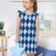 thumbnail image 4 of Balery Blue Squares Camisón de princesa para niñas, pijama de algodón con mangas abullonadas, suave y bonito.-Small, 4 of 6
