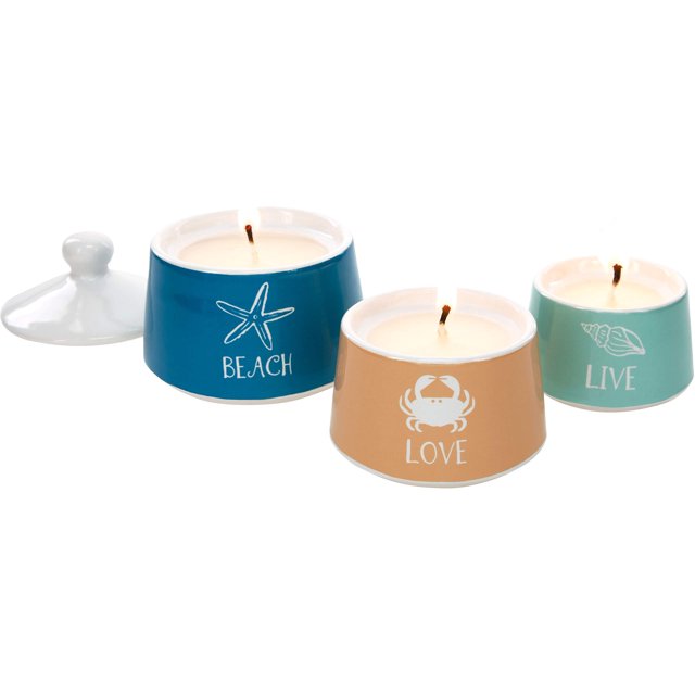 Pavilion Gift Company Set of 3 Stackable Stoneware Soy Candles Live Love Beach, 7 Inches Tall, Blue