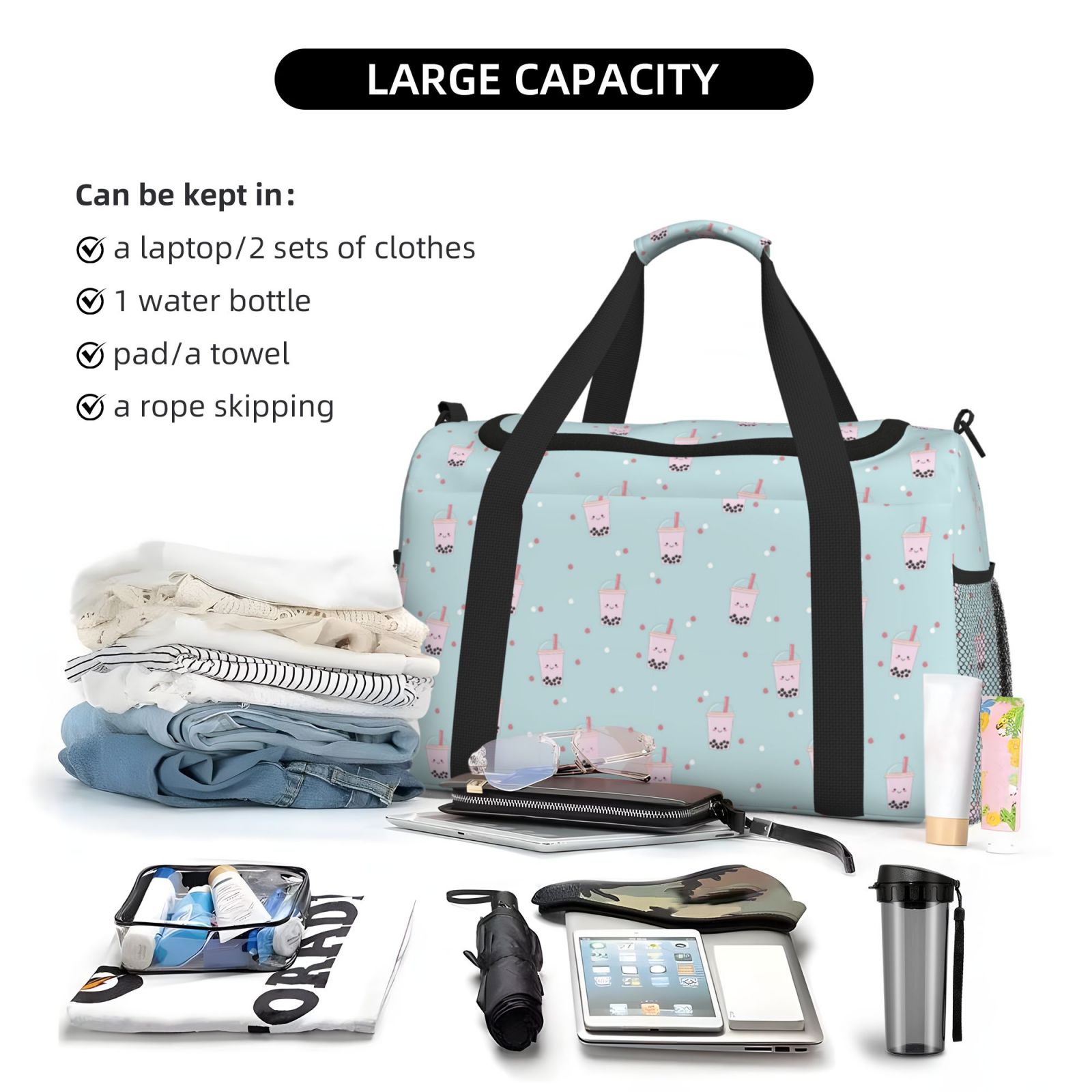 Fuzoiu Milk Tea1 Print Travel Duffle Bag,Carry On Tote Bags,Duffel Bag,Sport Gym Bag, Hospital Bag for Labor and Delivery, Overnight Bag,Luggage Bag