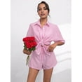 thumbnail image 6 of Womens Collar Casual Striped Short Sleeve Pants Set Two Piece Lounge Wear Summer Outfit Pink Set XS, 6 of 10
