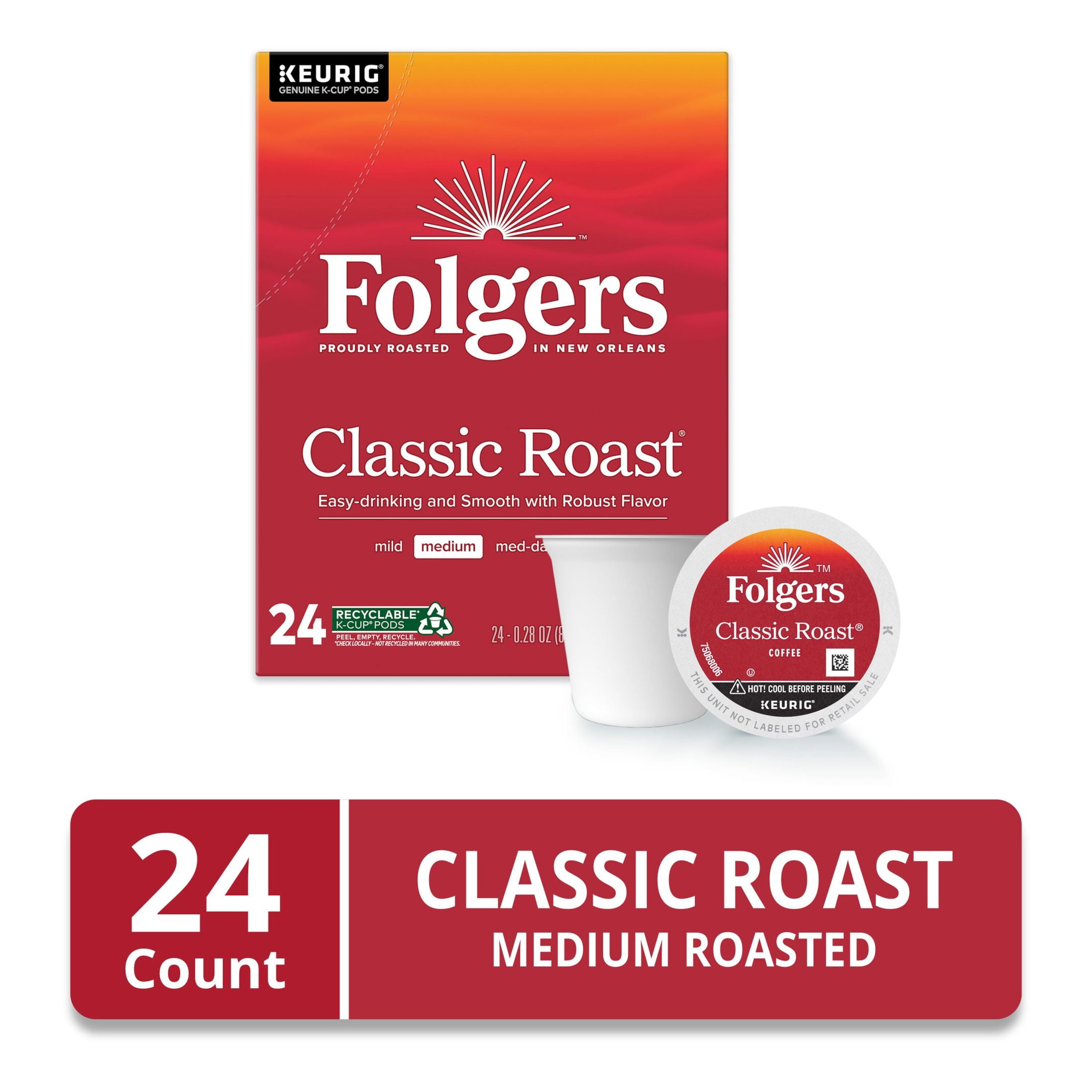 (4 pack) Folgers Classic Roast, Medium Roast Coffee, Keurig K Cup Pods, 24 Count Box