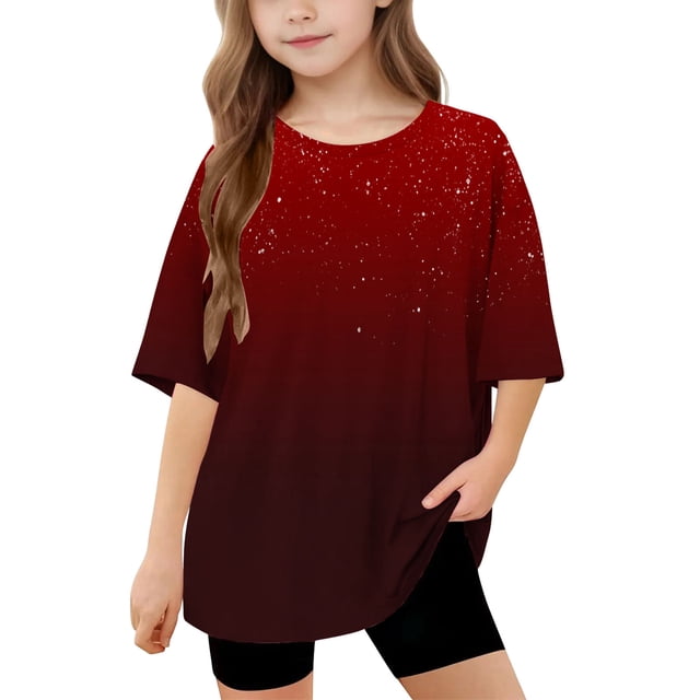 DecSea T-Shirt à Manches Courtes pour Filles, Été, Dégradé, Col Rond, Décontracté, Basique, 5-14 Ans