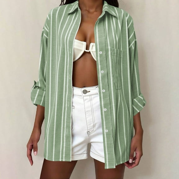 Dasayo Green Tops for Women Trendy Long Sleeve Business Casual Collared Striped Button-Up Shirts Blouses for Women L