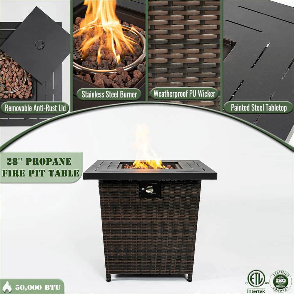 Spaco 28" Square Propane Gas Fire Pit Table, 50000 BTU Steel Fire Pit, Fire Pit Table for Patio, Backyard, Brown