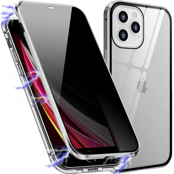 Anti Peep Magnetic iPhone 14 Plus Case - (Silver) Double Sided Privacy Tempered Glass Screen Protector Shockproof and Scratch Resistant Protection