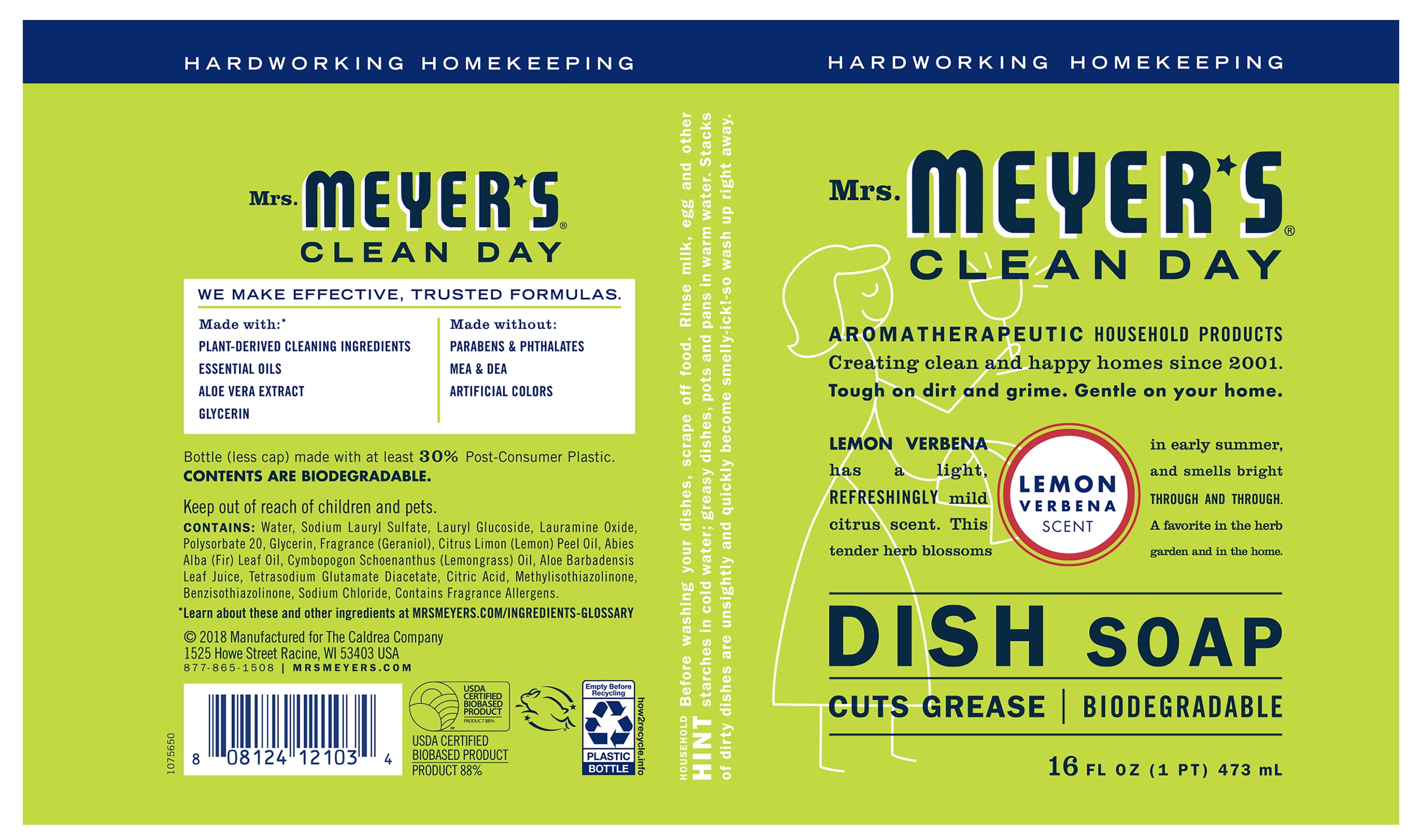 Mrs. Meyer's Clean Day Liquid Dish Soap, Lemon Verbena Scent, 16 Fluid Ounce, 6 Count