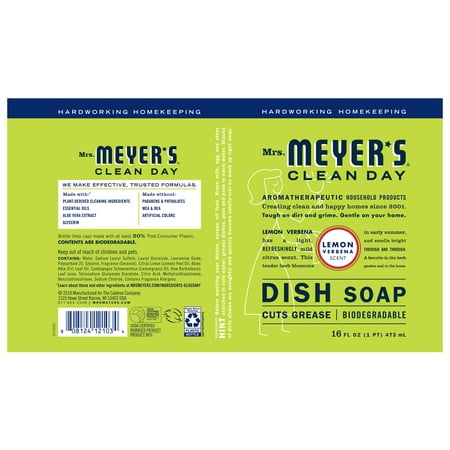 Mrs. Meyer's Clean Day Liquid Dish Soap, Lemon Verbena Scent, 16 Fluid Ounce, 6 Count