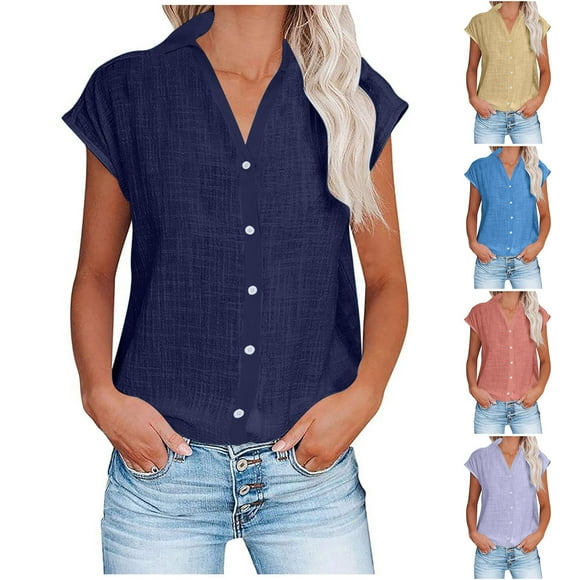QIPOPIQ Womens Casual Short Sleeve Button Down Shirts V Neck Collared Shirt Tops Blouses with Pockets Clearance