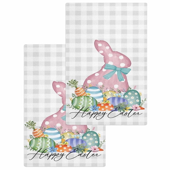 Gray Easter Kitchen Dish Towels for Drying Dishes Set of 2, Spring Polka Dots Bunny Easter Eggs Plaid Waffle Weave Microfiber Hand Tea Bathroom Towels Quick Dry & Absorbent Towel 15.7x23.6
