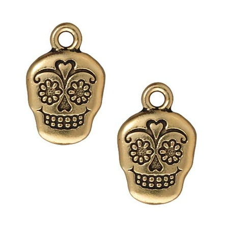 22K Gold Plated Pewter Dia De Los Muertos Sugar Skull Pendant Charm 19mm (1)