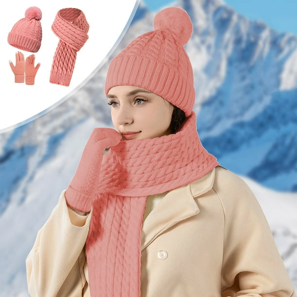 Set de guantes de bufanda para sombrero de invierno de mujer - Gorro de punto de 3 piezas, bufanda larga y guantes de pantalla táctil - Negro, blanco, gris, rosa beige