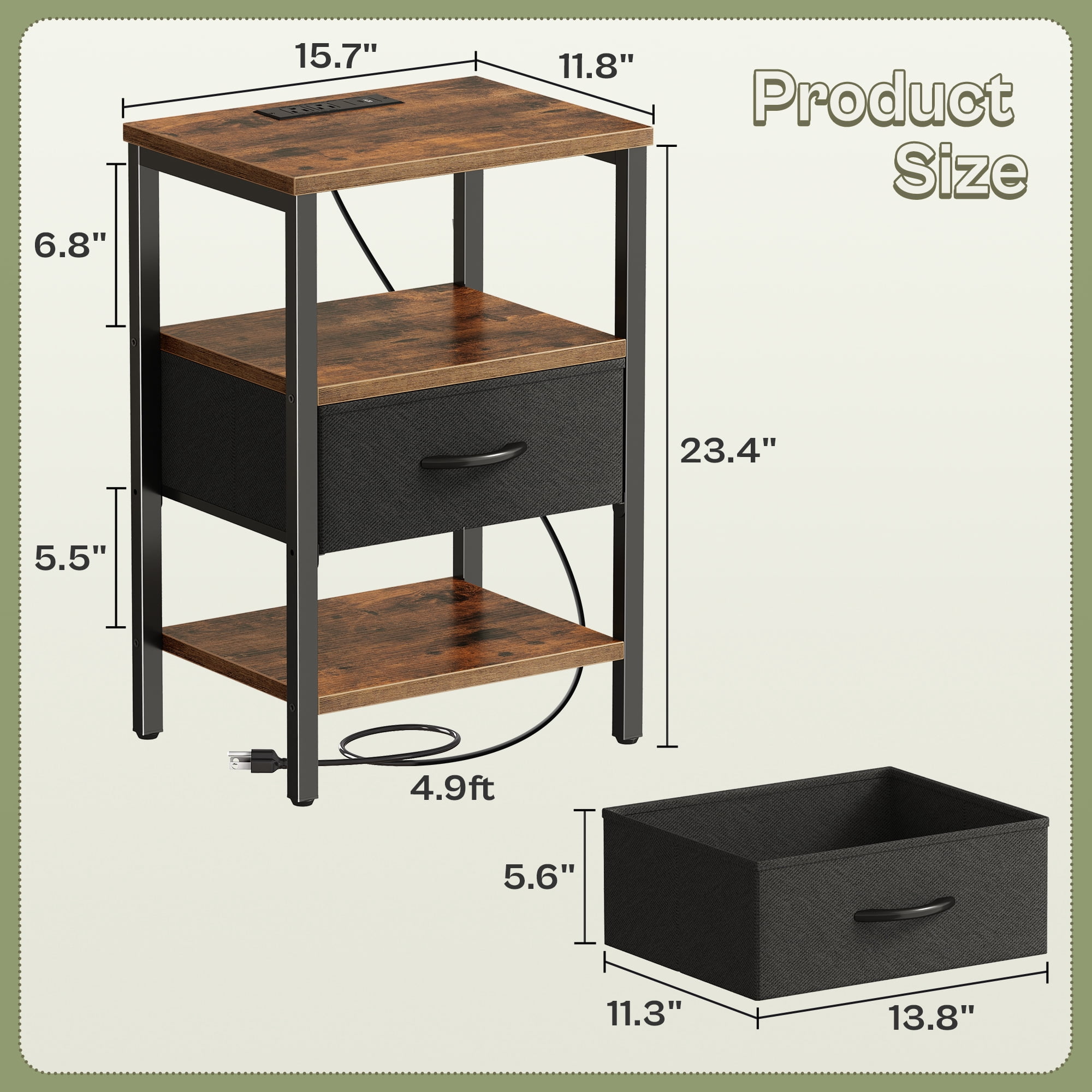 Nightstand with Charging Station, Adjustable Fabric Drawer, 3-Tier Bed Side Table, Night Stand for Bedroom, Storage End Table, Rustic Brown