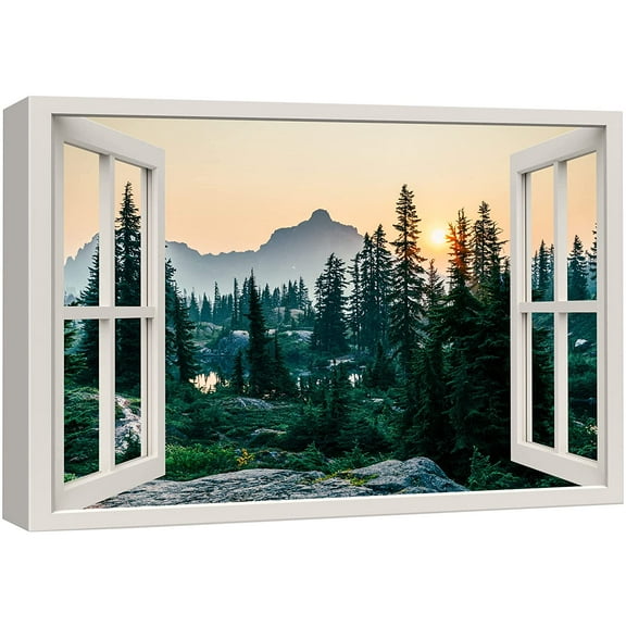 wall26 Canvas Print Wall Art Window View Midwest Mountain Range Pine Tree Forest Wilderness Nature Photography Realism Scenic Landscape Colorful Multicolor for Living Room, Bedroom, Office - 16"