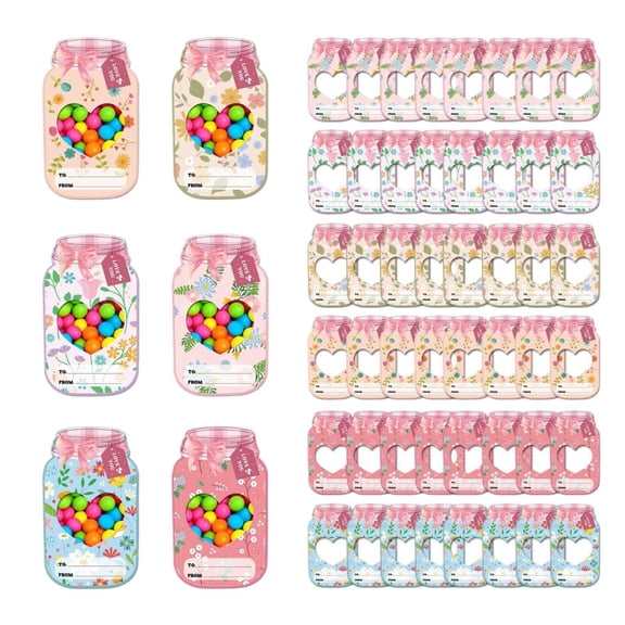 48 Pack Valentine’s Day Cards for Kids – DIY Mason Jar Candy Cards with Treat Bags, Classroom Valentine Exchange Cards for Boys & Girls, School Party Favors, Handmade Classroom Valentine Supplies