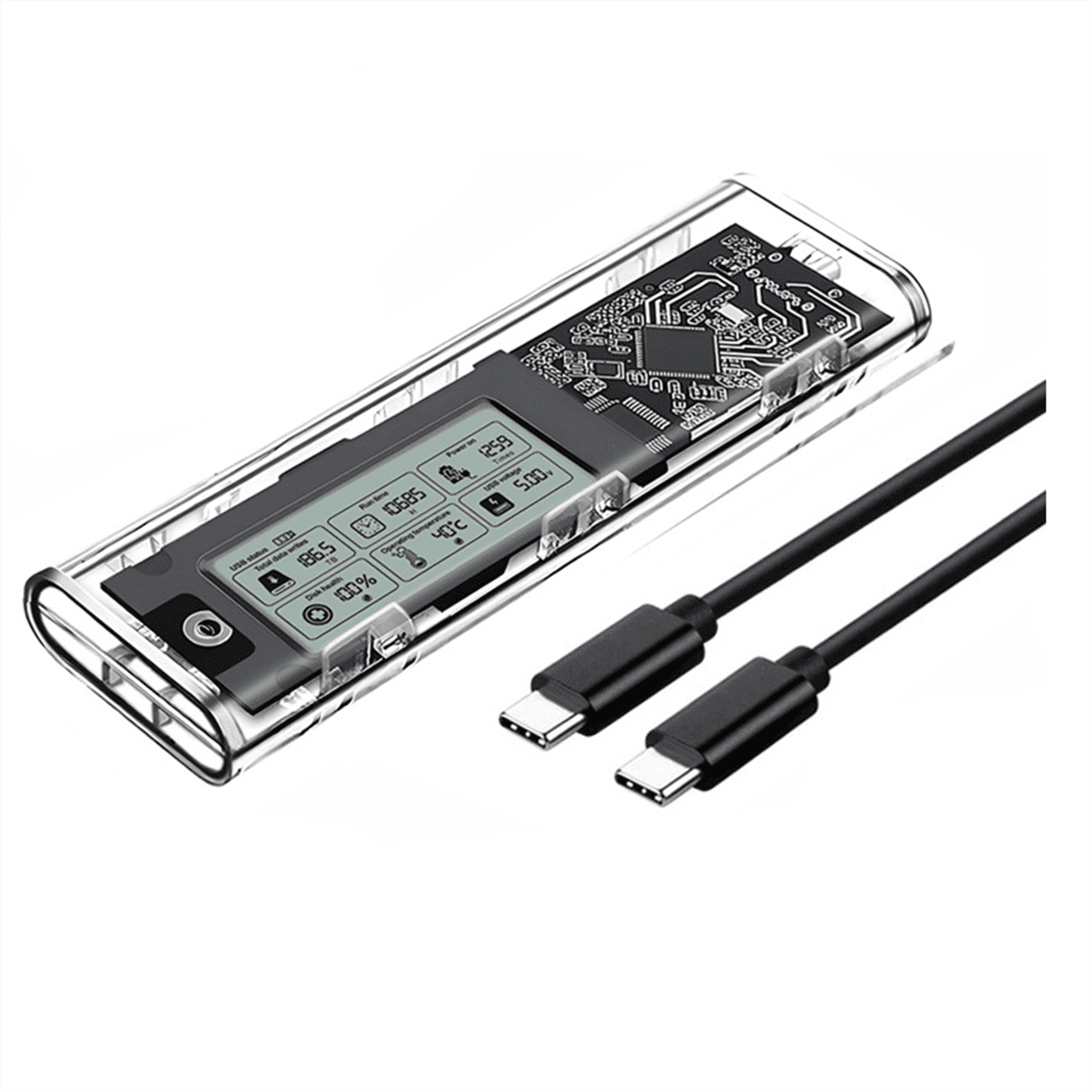 M.2 NVME/NGFF Dual Protocol SSD Enclosure Transparent Hard Drive Case USB3.2 with Intelligent Display SATA SSD Adapter