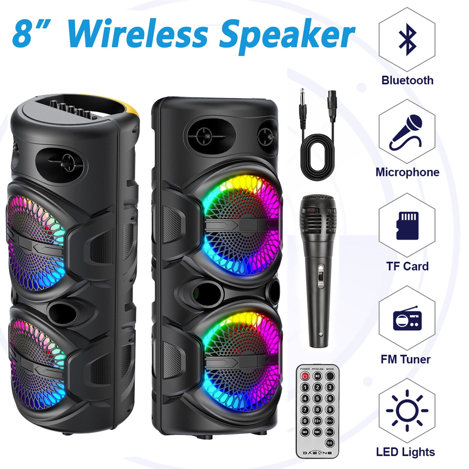 Curuk Wireless Portable Speaker, Bluetooth Speaker Dual 8" Woofer Karaoke Heavy Bass Stereo Sound PA System & Mic, Remote, FM, LED Light
