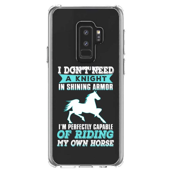 DistinctInk Clear Shockproof Hybrid Case for Samsung Galaxy S9  PLUS (6.2" Screen) - TPU Bumper Acrylic Back Tempered Glass Screen Protector - Don't Need Night - Perfectly Capable Horse