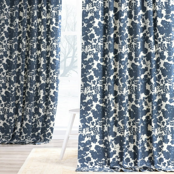 Fleur Blue Printed Cotton Twill Curtain (1 Panel), Fleur Blue, 50W X 120L