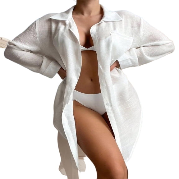 JGGSPWM Split Side Down Collar Button Long Sleeve Cardigan Shirt Blouses Skirt Beach Bathing Suit Swim Coverup White XL