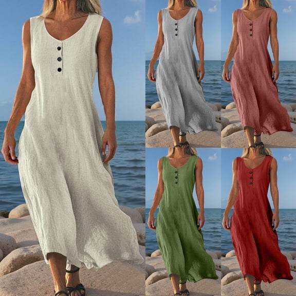 TAGOLD Womens Camis Sleeveless Dress Solid Color V Neck Button Casual Midi Version