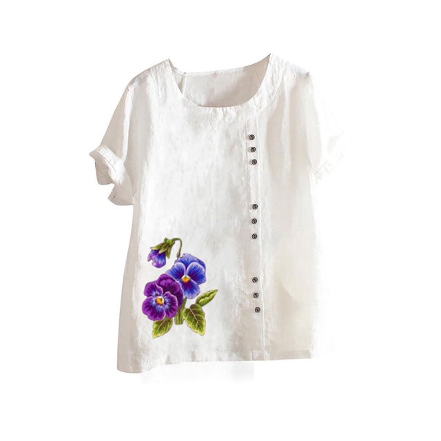 Birdeem Blouses pour Femmes Haut Décontracté en Coton et Lin Imprimé Manches Courtes T-Shirt à Boutons Blouse Tops